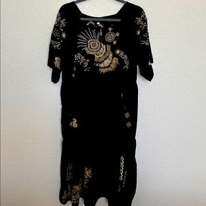 Johnny Was Black silk Embroidered Tiered Dress